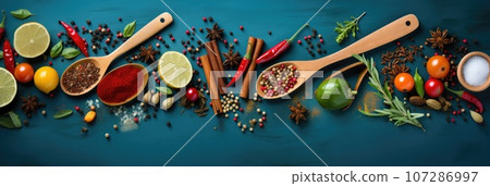 On a blue background a wooden spoon, pepper, cloves and other bright spices On a blue background a wooden spoon, pepper, cloves and other bright spices 107286997