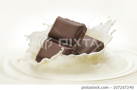 Falling chocolate bars in milk splash on white background 107287240