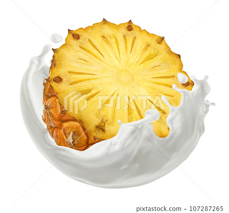 Pineapple slice falling in milk splash isolated on white background Pineapple slice falling in milk splash isolated on white background 107287265