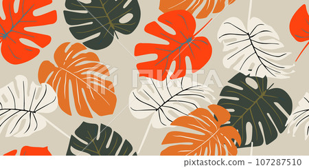 Monstera leaf seamless pattern, hand drawn botanical, spring and Summer time, green style, natural ornaments for textile, fabric, wallpaper, background. 107287510