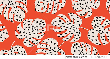 Monstera leaf seamless pattern, hand drawn botanical, spring and Summer time, green style, natural ornaments for textile, fabric, wallpaper, background. 107287515