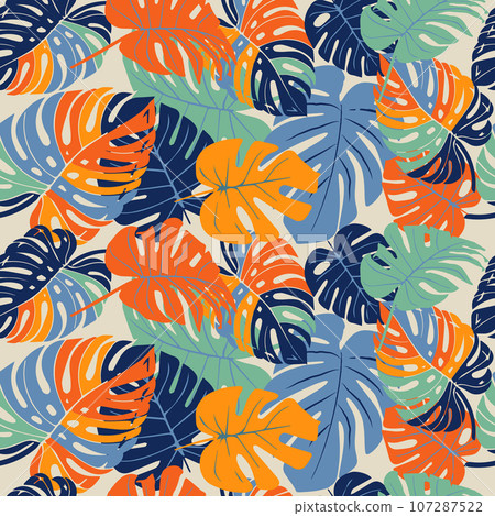 Monstera leaf seamless pattern, hand drawn botanical, spring and Summer time, green style, natural ornaments for textile, fabric, wallpaper, background. Monstera leaf seamless pattern, hand drawn botanical, spring and Summer time, green style, natural ornaments for textile, fabric, wallpaper, background. 107287522