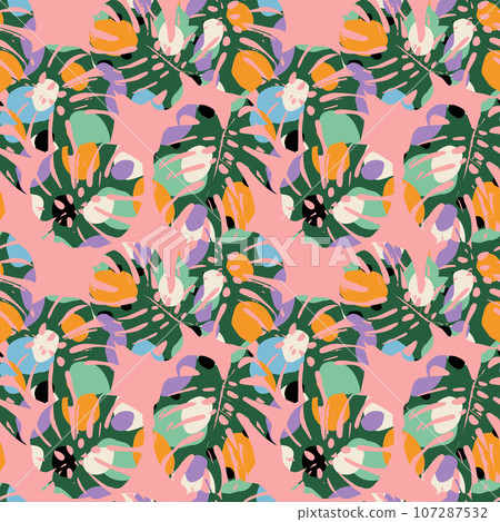 Monstera leaf seamless pattern, hand drawn botanical, spring and Summer time, green style, natural ornaments for textile, fabric, wallpaper, background. 107287532