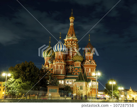 St. Basil Cathedral at night in Red Square in Moscow, Russia. Illuminated building St. Basil Cathedral at night in Red Square in Moscow, Russia. Illuminated building 107287558