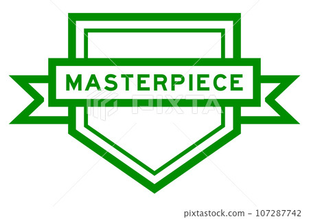 Vintage green color pentagon label banner with word masterpiece on white background 107287742