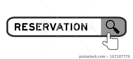 Search banner in word reservation with hand over magnifier icon on white background Search banner in word reservation with hand over magnifier icon on white background 107287778