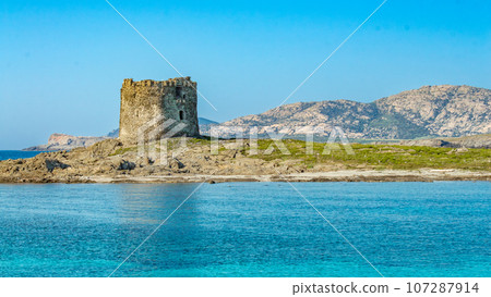 Amazing view of the Pelosa beach with the island of Asinara in the background, Stintino, Sardinia. Amazing view of the Pelosa beach with the island of Asinara in the background, Stintino, Sardinia. 107287914