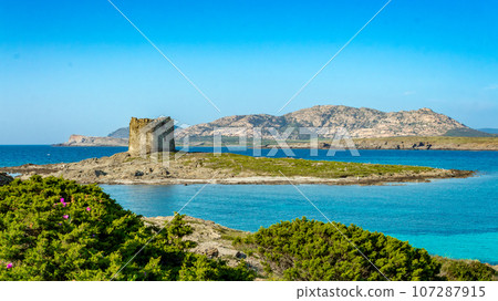 Amazing view of the Pelosa beach with the island of Asinara in the background, Stintino, Sardinia. 107287915