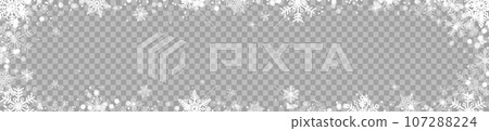 Winter panoramic snow background with snowflakes and sparks. Snowfall on a transparent background. 107288224