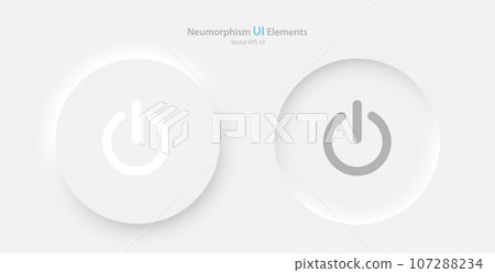A set of round power buttons on a white background. User interface elements in the style of neumorphism, UX. 107288234