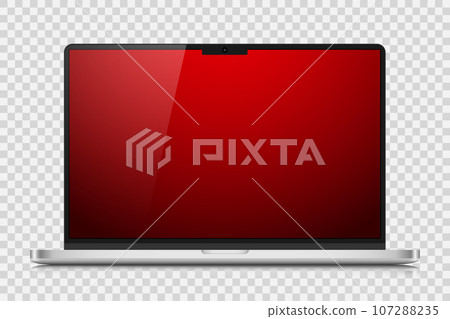 A realistic laptop with a red gradient screen and reflection on a transparent background. 107288235