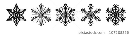 A set of five black snowflakes on a white background. 107288236