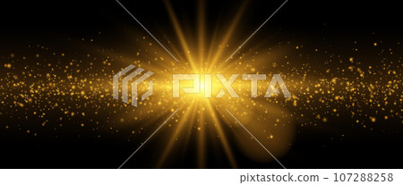 A shining golden star and particles on a transparent black background. 107288258