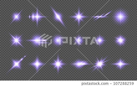 Transparent purple light effects on transparent background. A collection of various glowing sparks, stars. Transparent purple light effects on transparent background. A collection of various glowing sparks, stars. 107288259