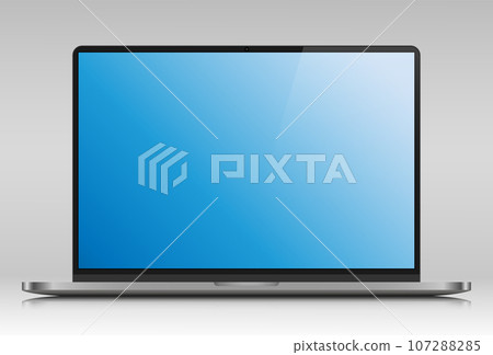 A laptop with a blue gradient screen and a glare on a gray background. A laptop with a blue gradient screen and a glare on a gray background. 107288285
