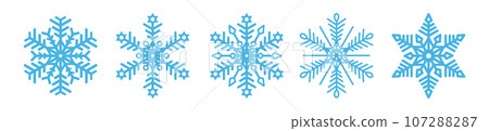 A set of five blue snowflakes on a white background. A set of five blue snowflakes on a white background. 107288287