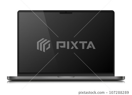A laptop with an empty black matte screen on a white background. 107288289