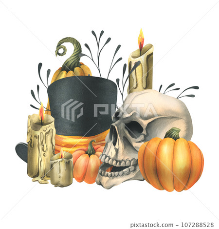 Human skull with black top hat, orange pumpkins, branches, candles. Hand drawn watercolor illustration for Halloween. Isolated composition on a white background 107288528