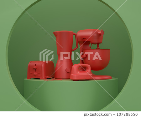 Abstract scene or podium with kitchen appliances and utensils on monochrome. 107288550