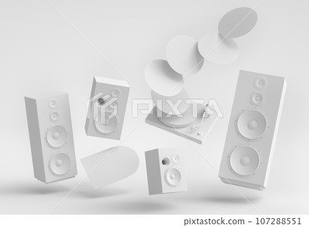 Set of Hi-fi speakers and DJ turntable for sound recording studio on monochrome 107288551