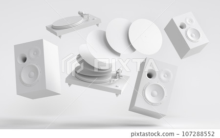 Set of Hi-fi speakers and DJ turntable for sound recording studio on monochrome 107288552