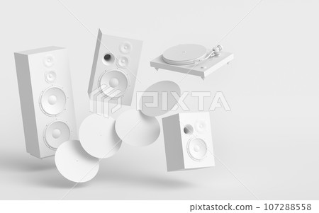 Set of Hi-fi speakers and DJ turntable for sound recording studio on monochrome Set of Hi-fi speakers and DJ turntable for sound recording studio on monochrome 107288558