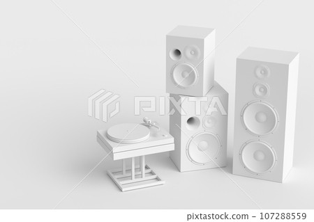 Set of Hi-fi speakers and DJ turntable for sound recording studio on monochrome Set of Hi-fi speakers and DJ turntable for sound recording studio on monochrome 107288559