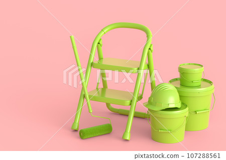 Set of folding ladder, bucket, helmet with paint rollers and brushes 107288561
