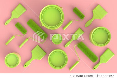 Set of metal cans or buckets with paint rollers and brushes on monochrome. Set of metal cans or buckets with paint rollers and brushes on monochrome. 107288562