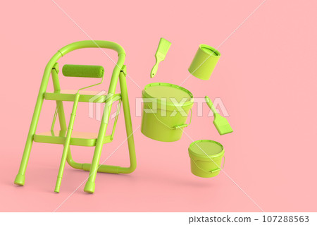 Set of metal cans or buckets with paint roller, brush and folding ladder Set of metal cans or buckets with paint roller, brush and folding ladder 107288563