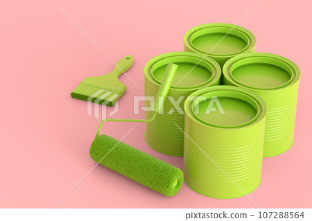 Set of metal can or buckets with paint roller and brush on monochrome background Set of metal can or buckets with paint roller and brush on monochrome background 107288564