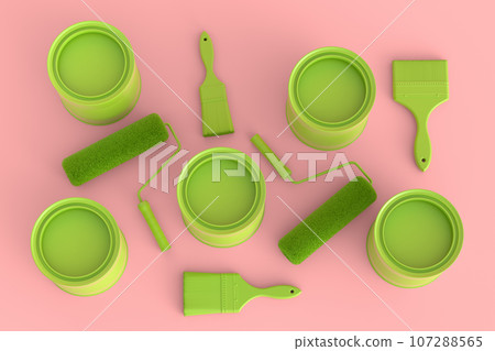 Set of metal cans or buckets with paint rollers and brushes on monochrome. Set of metal cans or buckets with paint rollers and brushes on monochrome. 107288565