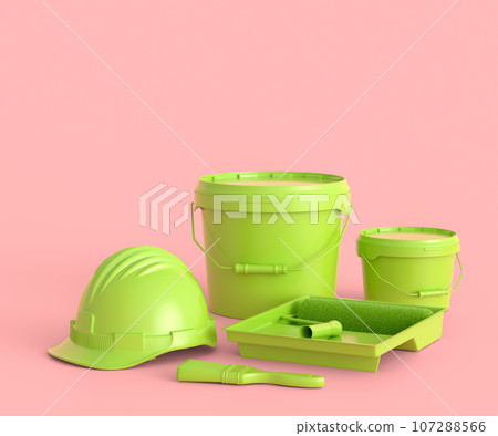 Set of safety helmet, bucket with paint rollers and brushes on monochrome. Set of safety helmet, bucket with paint rollers and brushes on monochrome. 107288566