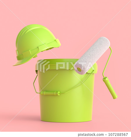 Set of safety helmet, bucket with paint rollers and brushes on monochrome. Set of safety helmet, bucket with paint rollers and brushes on monochrome. 107288567