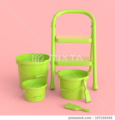 Set of folding ladder, bucket with paint rollers and brushes on monochrome. Set of folding ladder, bucket with paint rollers and brushes on monochrome. 107288568