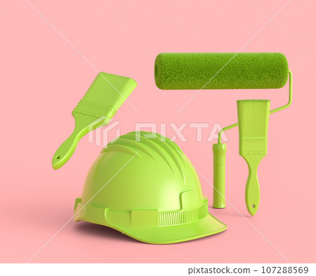Set of helmet, spray with paint rollers and brushes on monochrome background. 107288569