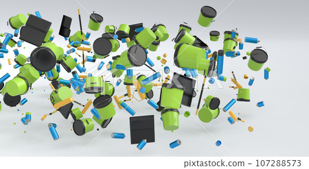 Many of flying plastic cans or buckets with paint roller, brush on white 107288573