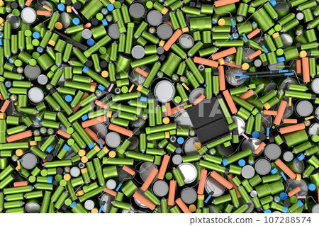 Pile of spray paint cans on green background. Spray bottle and dispenser 107288574
