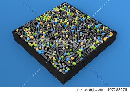 Pile of spray paint cans on blue background. Spray bottle and dispenser 107288576