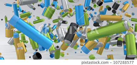 Lots of flying spray paint cans on white background. Spray bottle and dispenser 107288577