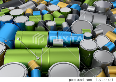 Pile of spray paint cans on black background. Spray bottle and dispenser 107288581