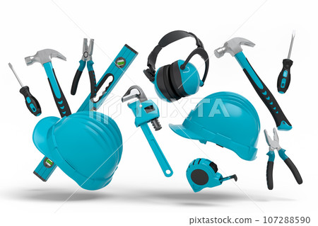 Flying view of green construction tools for repair on white background Flying view of green construction tools for repair on white background 107288590