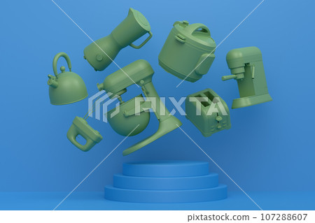 Abstract scene or podium with kitchen appliances and utensils on monochrome. 107288607