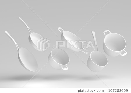Set of flying stewpot, frying pan and chrome plated cookware on monochrome 107288609
