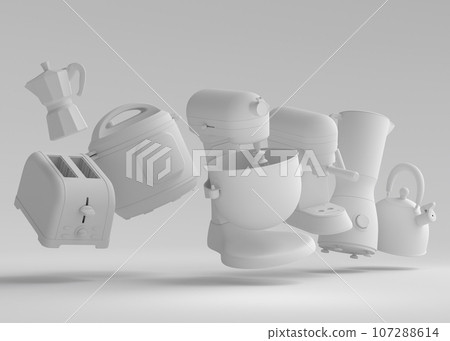 Kitchen appliances and utensils for making breakfast on monochrome background Kitchen appliances and utensils for making breakfast on monochrome background 107288614