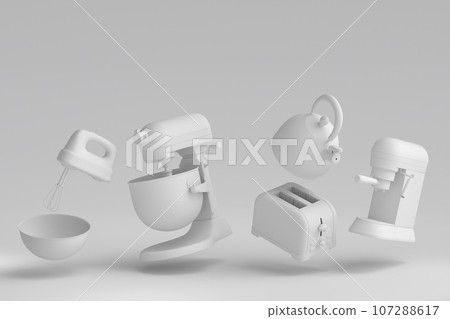 Kitchen appliances and utensils for making breakfast on monochrome background Kitchen appliances and utensils for making breakfast on monochrome background 107288617