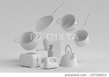 Espresso coffee machine, hand mixer, kettle and toaster on monochrome background Espresso coffee machine, hand mixer, kettle and toaster on monochrome background 107288618