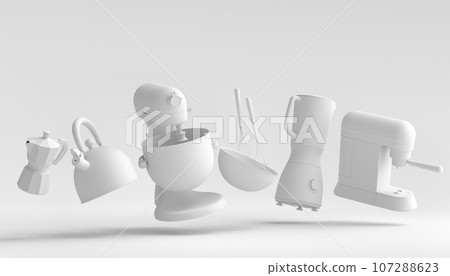 Mixer and bowl with kitchen utensil for preparation of dough on white Mixer and bowl with kitchen utensil for preparation of dough on white 107288623