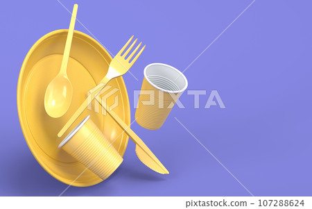 Set of disposable utensils like plate, folk, spoon,knife and cup on monochrome 107288624