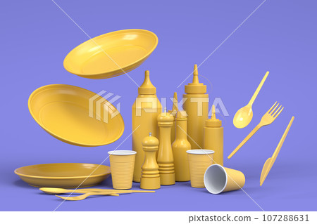 Set of disposable utensils like plate, folk, spoon,knife, cup and pepper mill Set of disposable utensils like plate, folk, spoon,knife, cup and pepper mill 107288631